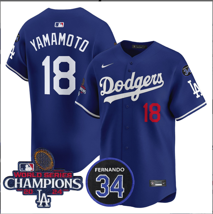 Men MLB Los Angeles Dodgers #18 Yamamoto blue 2024 World Series Champions Patch Limited Jersey style 4